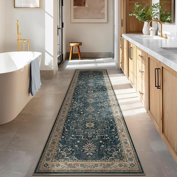 Deep Blue Hallway 2x8 Runner Rug, Washable Non Slip Entryway Runner Indoor, 0.27 Low Pile Vintage Medallion Distressed Carpet Runners 8ft for Kitchen/Bedroom Bedside/Laundry Room/Bathroom