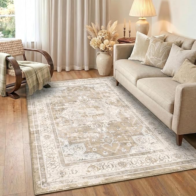 Vintage Area Rug 3x5 Ft Washable Rugs for Entryway Indoor | Beige Non Slip Kitchen Rug Printed Faux Wool Throw Rugs, Neutral Modern Indoor Mat for Entrance Bedroom Office Home Decor