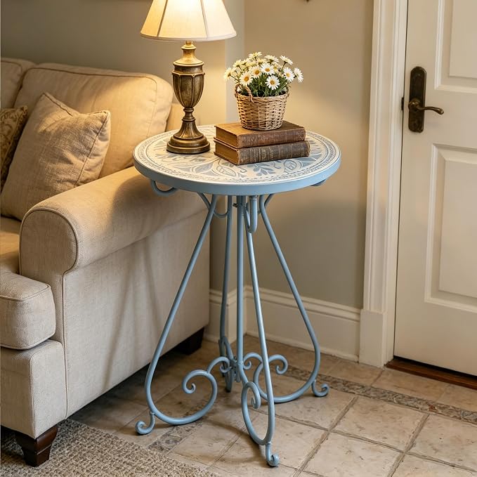 Outdoor Side Table & Mosaic Ceramic Plant Stand, 14" Metal Round End Table for Garden Home Patio Yard Porch Patio Decor Weather Resistant Outside Accent End Furniture (Flower#1)