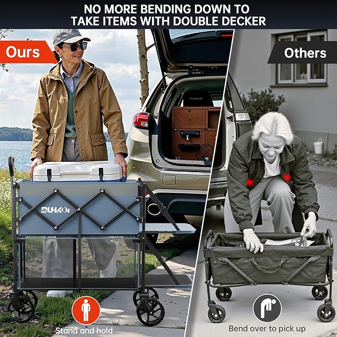 Double Decker Collapsible Wagon with Brakes,Compact with Tailgate | Big All-Terrain Wheels , 2-Tier for Camping Gear, Sports, Groceries, Shopping, Garden & Outdoor Use,Light Blue