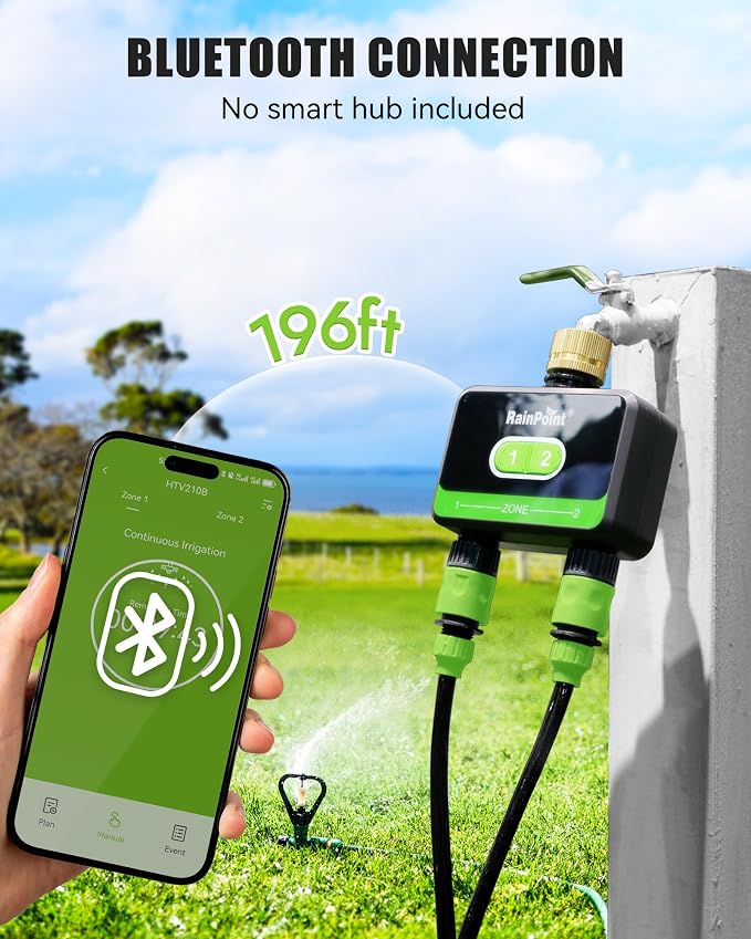 RAINPOINT Bluetooth Water Timer for Garden Hose, Smart Hose Timer 2 Outlet(Not Hub), Wireless Sprinkler Watering Timer with Rain Delay, Automatic Irrigation System for Lawns and Yard