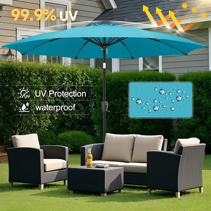FLAME&SHADE 11 ft Patio Umbrella - Table Umbrella Outdoor with Push Button Tilt and Crank, UV Protection, 8 Sturdy Ribs, Market Umbrella for Garden, Deck, Backyard, Lawn, Pool and Beach(Aquablue)