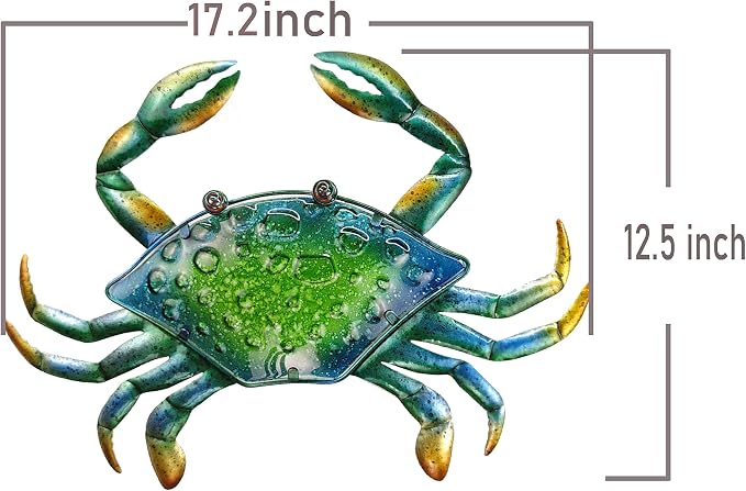JOYBee 17.2Inch Large Metal Crab Wall Art Decor,Decoration for Outdoor Indoor,Nautical Hanging Art Blue Green Stained Glass with Metal for Garden Pool Patio Balcony Kitchen or Bathroom
