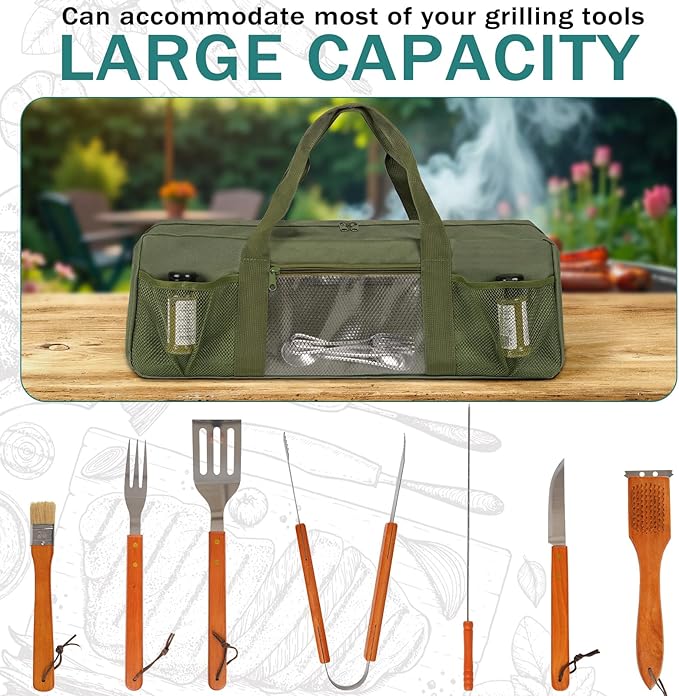 Grill Tool Storage Bag, Large Grill Utensil Storage Caddy with Pockets, Portable Grill Accessory Storage Bag for Outdoor Camping & BBQ (Green)