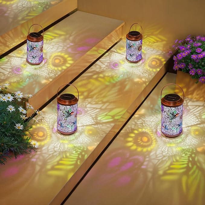 2Pack Solar Lanterns Outdoor Waterproof Hummingbird Garden Gifts for Mom, Multicolor Solar Lights Lantern for Backyard Garden, Pathway, Outside, Mothers' Day Gifts for Women Grandma