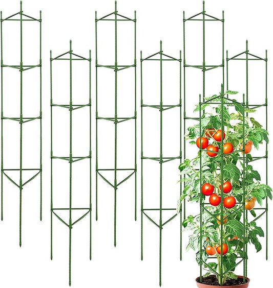 63-Inch Heavy Duty Tomato Cages, 6-Pack Extra Tall Metal Tomato Trellis, Steel Tube Plant Cage for Indeterminate Tomatoes, Cucumbers, Pole Beans – Rust-Proof Coated