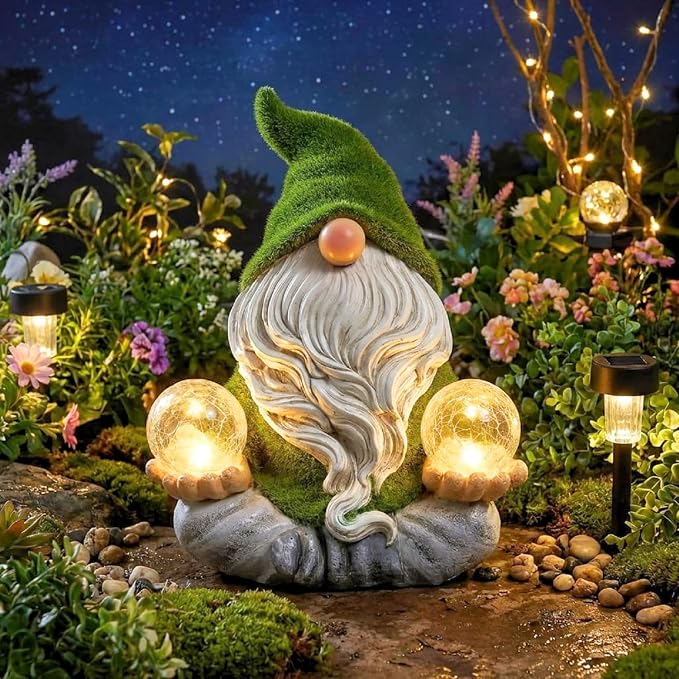 TERESA'S COLLECTIONS Garden Gnomes Decor with Solar Lights, St Patricks Decorations for Outdoor Decor,Resin Flocked Zen Garden Decor Outdoor for Porch Patio, Yoga Gnome Gifts for Women and Men, 8"