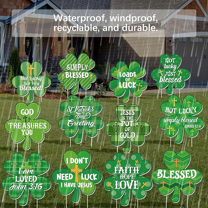 Menkxi 12 Pcs St. Patrick's Day Christian Yard Sign Decoration Outdoor with Stake Religious Saint Patty's Shamrock Green Jesus Cross Blessed Lawn Sign for Irish Faith Sunday School Church Garden Decor