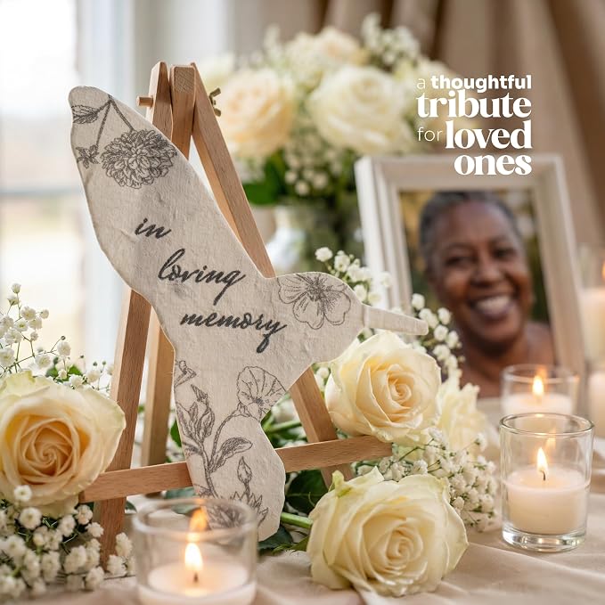 Plantable Memorial Gift Tags with Wildflower Seeds – 48 Pack Black & White Hummingbird-Shaped Writable Gift Wrap Tags for Funeral Favors, Sympathy Gifts & Celebration of Life Keepsakes