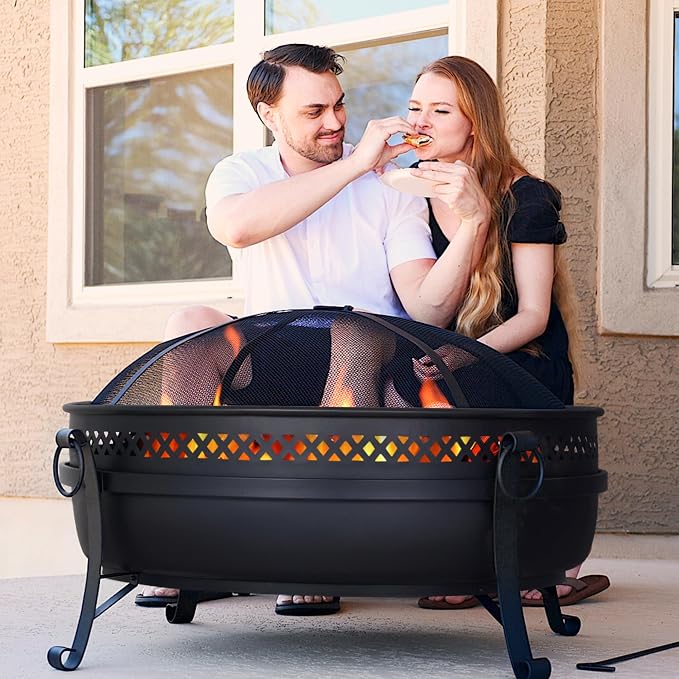 SUNCREAT Outdoor Patio Fire Pit with Mesh Spark Screen, 40" Portable Fire Pit for Camping, Outside, Black