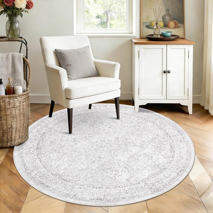 Round Rugs 4ft Vintage Floral Small Circle Rug, Washable Non Slip Soft Low Pile Stain Resistant Carpet for Living Room Bedroom Entryway Dining Room (FloralGrey, 4' Round)