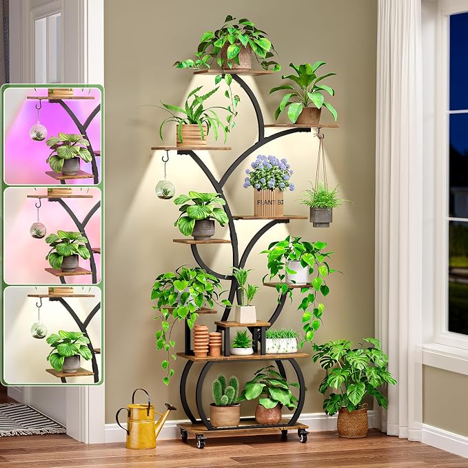 Plant Stand with Grow Lights 2-Pack, 61" Tall Indoor Plant Shelf with Multi-Color Full Spectrum LED Lights and 360° Lockable Wheels, 10-Tier Tree-Shaped Decorative Plant Rack Set of 2, for Living Room, Balcony & Office, Black and Brown