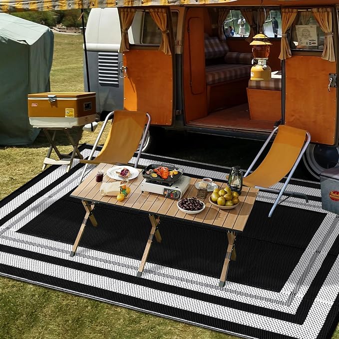 Garvee Outdoor Rug 9x18 Outdoor Patio Rug Waterproof Foldable Mat Reversible Plastic Straw Rugs Easy Clean Lightweight Carpet for Balcony Deck Picnic Backyard Camping Porch RV Beach Panel White