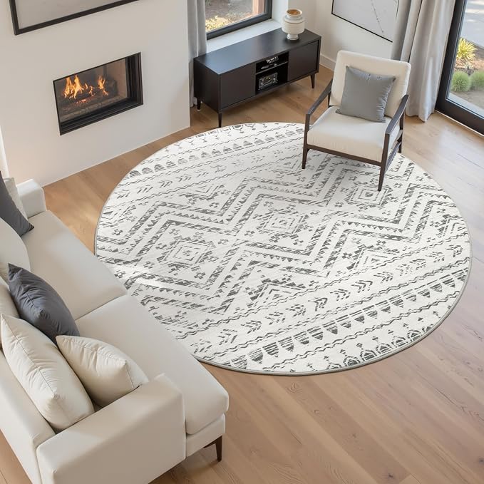 Miukiki Round Rugs 8ft Washable Moroccan Circle Rug for Living Room Grey | Non Slip Indoor Floor Carpet Foldable Area Rug for Dining Room with Low Pile 8ft