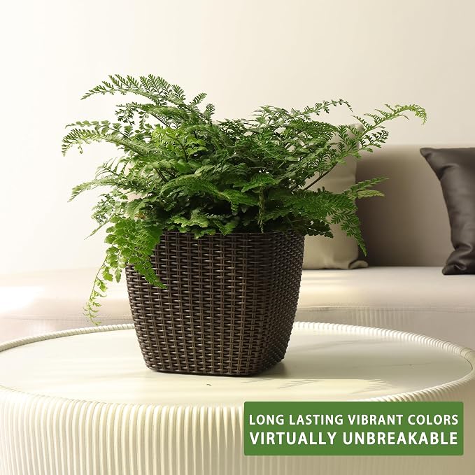 Dexceder 9x8 Self Watering Planter (Brown Rattan) | Inner Mat Design, Thickened Table Flower Plant Pot with Water Level Indicator Indoor Outdoor