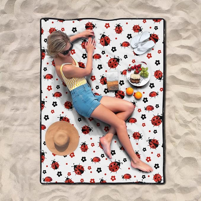 Ladybug Blankets Waterproof Foldable60’‘x80'', Ladybug Portable Outdoor Picnic Mat Water Resistant for Grass,Padded Lawn & Park Blanket for Camping,Ladybug Decor Accessories Stuff