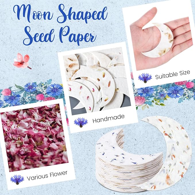 Dunzoom 50 Pcs Handmade Seed Paper Plantable Wildflower Seed Paper Recycled Flower Petals Tags Wedding Favors for Guests Craft Gifts Cards for Envelope Birthday Party, 5 Styles (Moon)