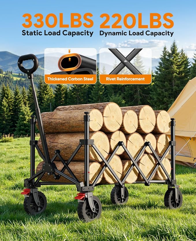 Raynesys Wagons Carts Foldable, Heavy Duty Utility Wagon Cart with All-Terrain Wheels & Brakes, 330lbs Large Capacity Garden Cart, Collapsible Foldable Wagon for Camping Shopping Sports, Black