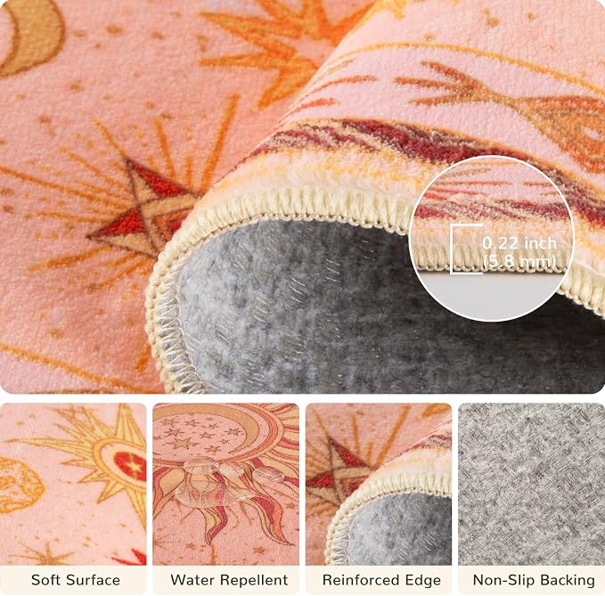 Vacuum-Friendly, 5x7 Washable Area Rug, Pink Gold Beige Red | Sun and Moon Boho Gothic Non-Slip Low Pile Living Roon Bedroom Dining Room Kitchen Entry Entryway Entrance Hallway Doormat