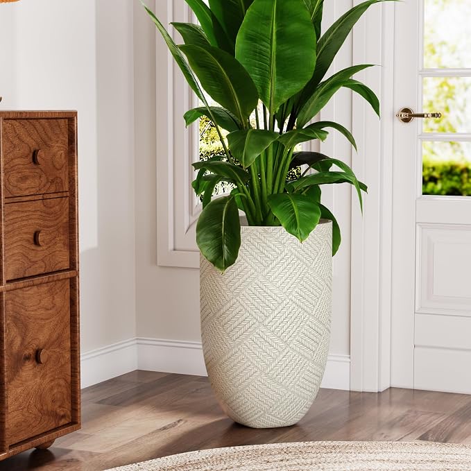 Oakrain Large Rustic Planters for Indoor Plants, 17.7" Tall Decorative Planter Pot with Drainage Hole, Modern Floor Vase for Home Decor, Living Room, Entryway, Beige