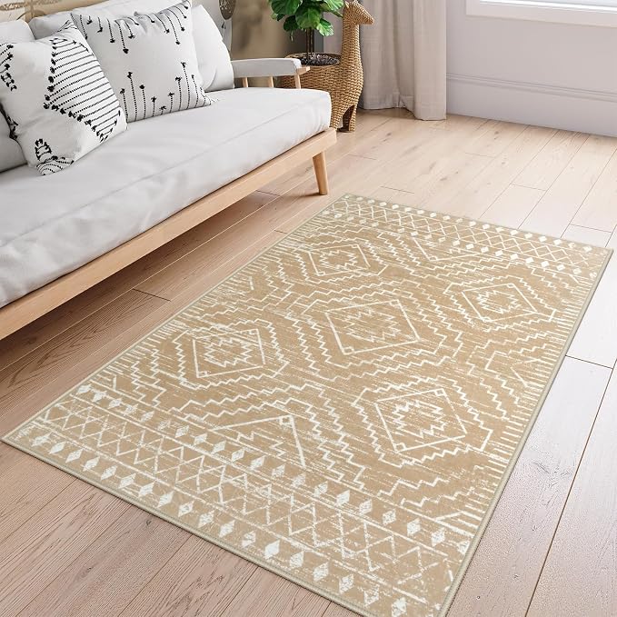 Wonnitar Moroccan Washable Rug 3x5, Non-Slip Entryway Area Rug, Soft Farmhouse Bedroom Throw Mat, Geometric Low Pile Scandinavian Accent Carpet for Entry Kitchen Basement (Kakhi,3'x5')