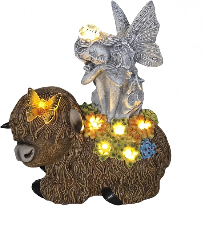 Angel Garden Decor Statue Solar Angel Sitting on Highland Cow Succulent Butterfly Bee LED Lights Outdoor Decorations for Yard Patio Housewarming Gift for Mom Women