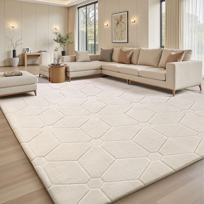 Sour Lemon 8x10 Area Rugs for Living Room Bedroom, Large Carpet White Rug | Washable, Geometric Alfombra Para Salas Modernas, Non Slip Big Soft Thick Fluffy Plush, Memory foam Rug for Kids Playroom