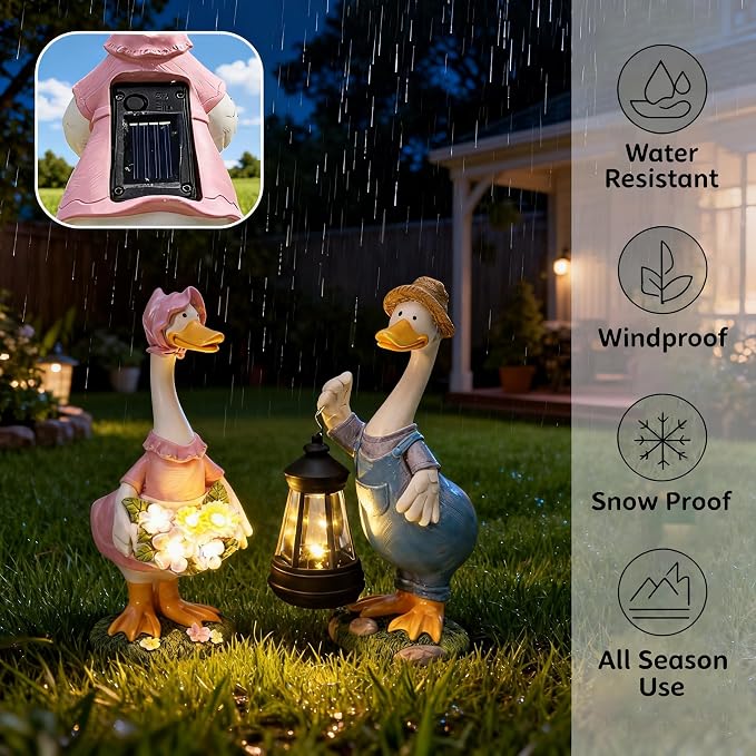2 Pack Porch Goose Statues, 10 Inch Solar Powered Light Up Resin Garden Statues, Waterproof Outdoor Decor for Patio Lawn, Cute Duck Goose Figurine