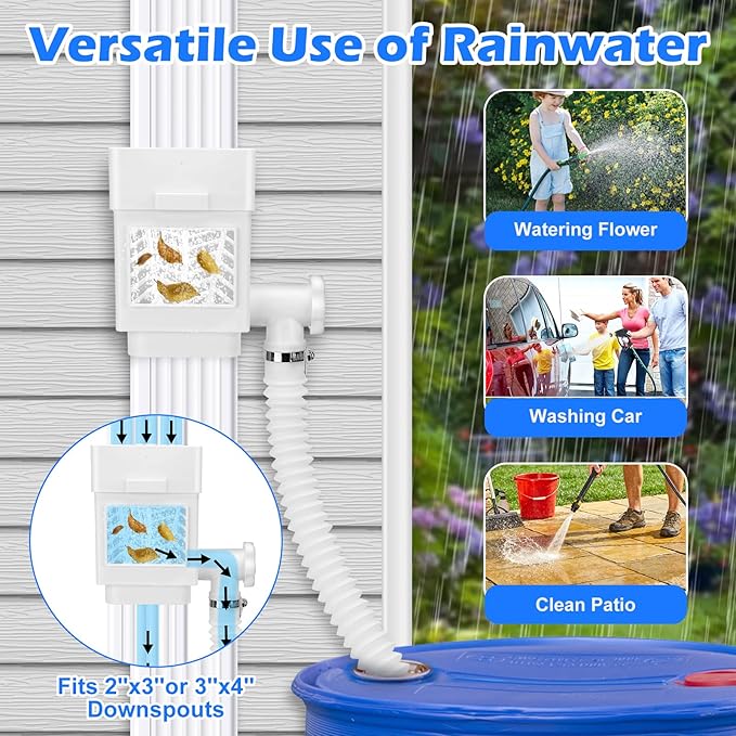 WADEO Rainwater Collection System, Downspout Diverter Fits for 2"x 3" or 3"x 4" Residential Downspouts, Rain Barrel Diverter Kit with Adjustable Valve and Filter, 5FT Hose, White, 2Pack