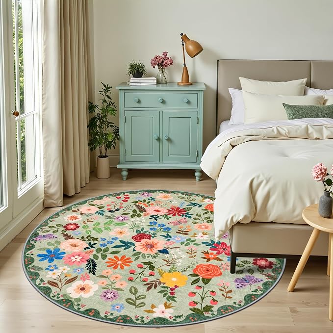 PLHXFR Round Area Rug Living Room: 6 ft Floral Washable Soft Carpet Green | For Bedroom Dining Room Farmhouse Nursery Hallway,Vintage Floral,Machine washable,Non Slip,Stain Resistant,Large Indoor
