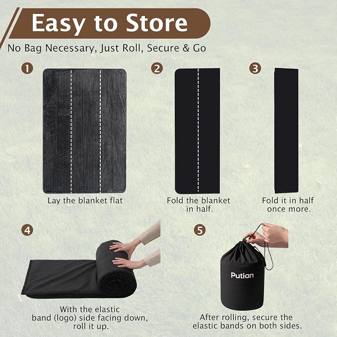 PuTian Waterproof Outdoor Blanket 79"X57" Packable, Stadium & Car Camping Blanket with Corduroy Fleece Lining, Windproof Throw for Picnic Hiking Road Trip, Machine Washable, Black 350GSM