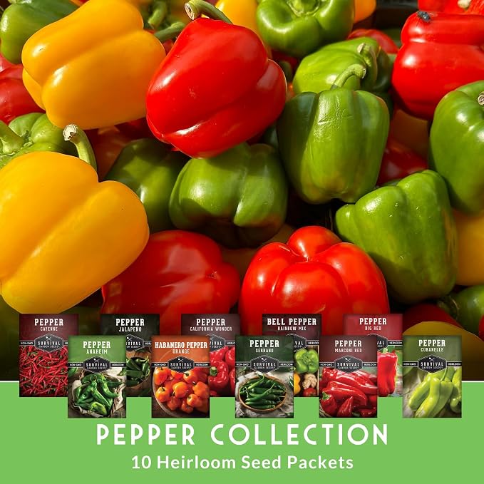 10 Pepper Seed Variety Pack for Planting - Survival Garden Seeds | Jalapeño, Serrano, Cayenne, Bell, Habanero, Cubanelle, & More – Hot & Sweet Heirloom Non-GMO Peppers Collection