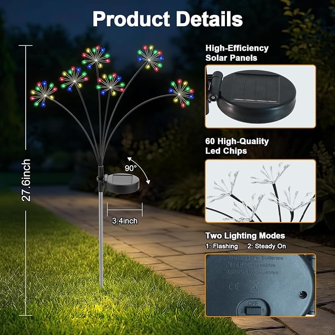 Solar Garden Lights Outdoor, Upgraded Solar Swaying Starburst Light Waterproof with 2 Modes, Solar Fairy Firework Lights for Yard Patio Pathway Flowerbed Balcony Garden Decoration (Multicolor, 2 Pack)