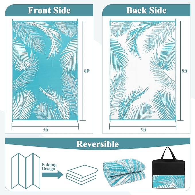 Pauwer Waterproof Outdoor Rug 5x8, Reversible Plastic Straw Patio Camping Rug, Indoor Outdoor RV Mat Carpet for Deck, Camper, Porch, Balcony, Backyard, Picnic, Leaf Teal