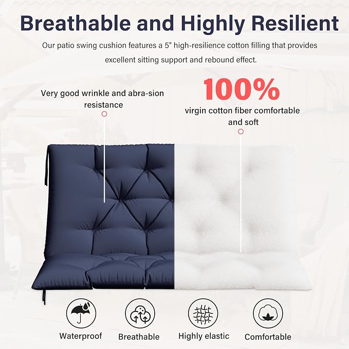 Porch Swing Cushion with Backrest,Waterproof Bench Cushion for Outdoor Furniture,2-3 Seater Replacement Thickened 5 in swing cushion,with Ties,Patio,Outdoor,Backyard and Garden (Navy Blue,40x40 in)