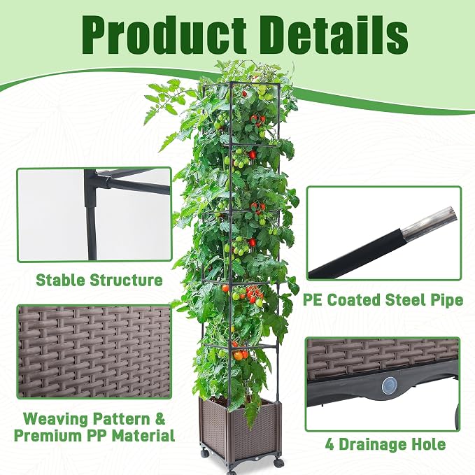 Quibbay Raised Garden Bed Planter Box with Trellis, 62.2" Self-Watering Tomato Planters for Climbing Plants Vine Flowers Outdoor Patio, Tomatoes Cage with Trellis Wheels for Outdoor, 1Pack