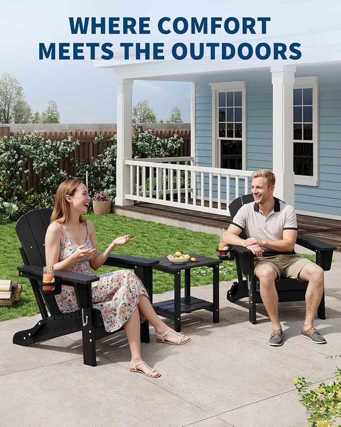 GarveeLife Folding Adirondack Chair Set of 4 with 2 Side Table, All-Weather HDPE Outdoor Chair, Wooden Textured with Cup Holder for patios, Decks, Gardens, fire pits, Black