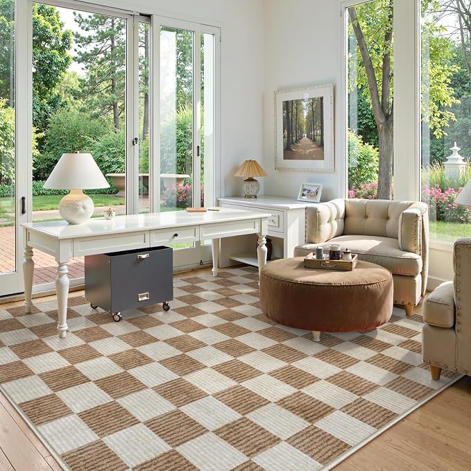 LIVEBOX 8x10 Area Rugs for Living Room, Checkered Non-Slip Washable Rugs, Farmhouse Neutral Classic Geometric Pattern Large Boys Area Rug for Bedroom, Carpet for Dining Room Office(Brown,8'x10')