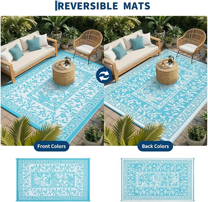 Garvee Outdoor Rug 5x8, Waterproof Reversible Foldable Plastic Straw Rug, Botanical cottagecore Outdoor Rugs Patio Camping RV Carpet for Deck Camper Porch Balcony Backyard Picnic Beach Blue