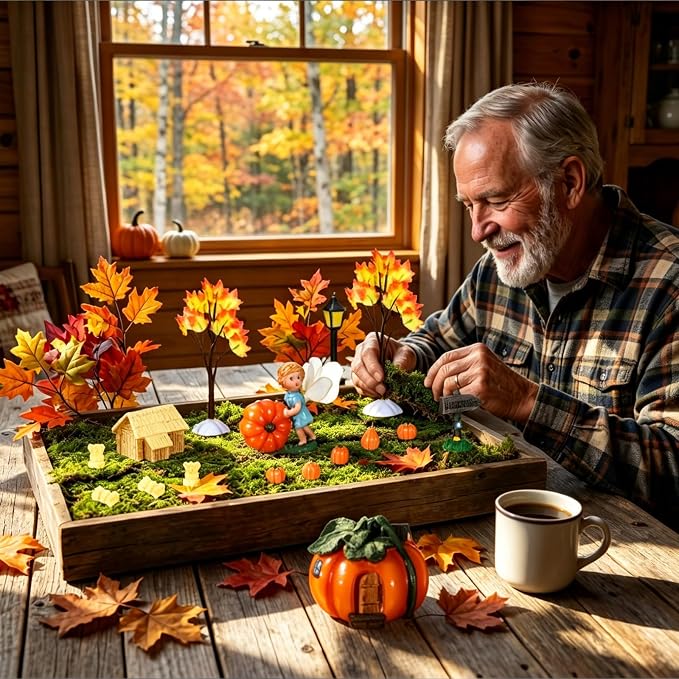 Pinkunn 16 Pcs Fall Miniature Fairy Garden Accessories Set Pumpkin Figurines House Straw Bales Welcome Sign Maple Trees for Autumn Harvest Thanksgiving Halloween Decor for Terrarium Dollhouse