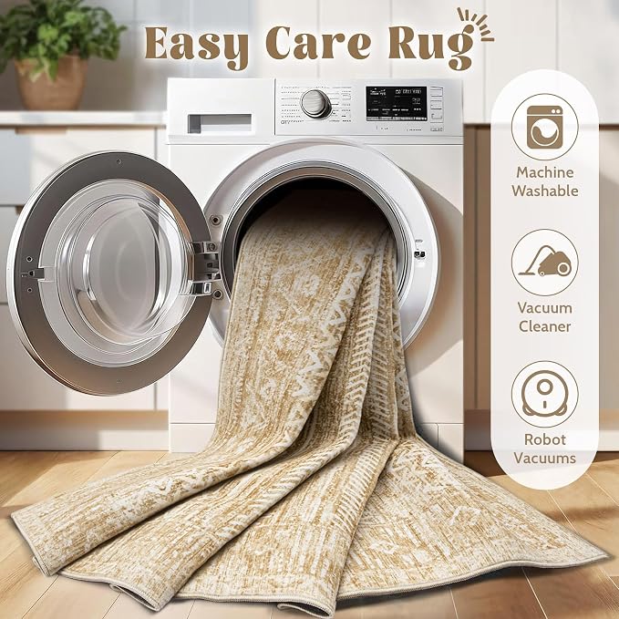 Living Room Rugs 9x12: Washable Moroccan Geometric Boho Rug Farmhouse Non Slip Stain Resistant Large Rug Low Pile Soft Carpet for Bedroom Dining Room Kids Room (Light Brown,9'x12')