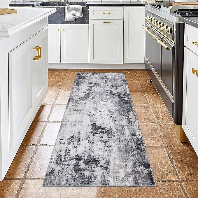 ROYHOME Modern Abstract Runner Rug 2x5 Washable Non Slip, Grey | Stain Resistant Rug for Bedroom Living Room Non Shedding Low Pile Indoor Floor Cover