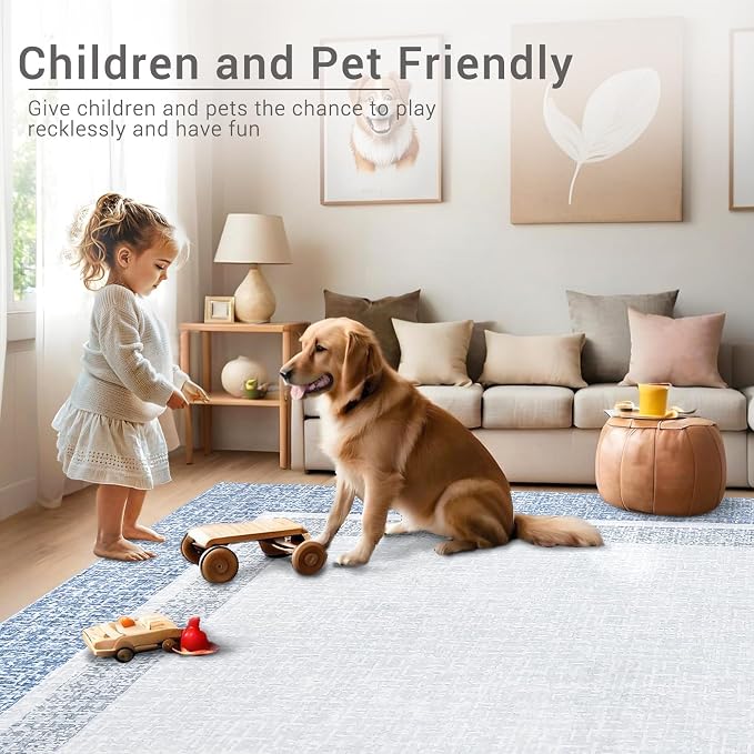 GAOMON Area Rugs 2x6 Modern Runner Rug Washable Bordered Entryway Runners Soft Faux Wool Carpet Contemporary Neutral Non-Slip Long Rug Runner Indoor Accent Hallway Kitchen Runners for Bedroom Blue