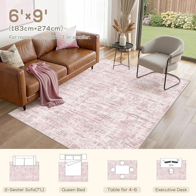 Nakagishi 6X9 Abstract Washable Area Rugs for Living Room-Pink | Modern Non-Slip Silicone Backing Low Pile Soft Carpet for Bedroom Dining Decor Ideal for Families with Kids and Pets