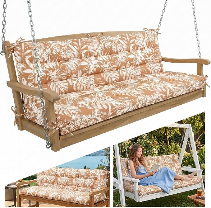 Outdoor Swing Cushion with Backrest, Tie Straps & Memory Foam - Replacement for Porch Bench 2/3 Seater, Oxford Fabric (TAN & White, 60 INCH × 40 INCH)