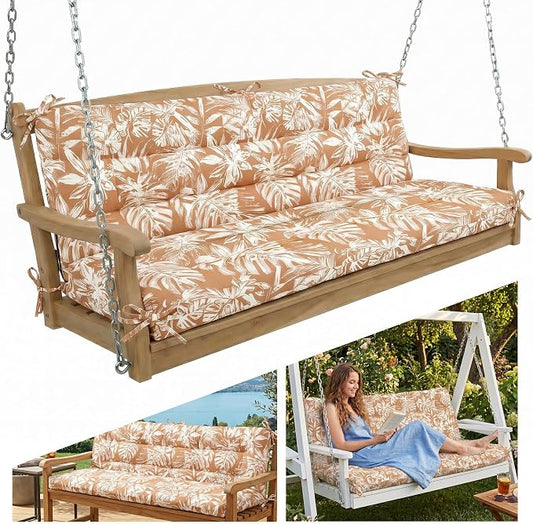 Outdoor Swing Cushion with Backrest, Tie Straps & Memory Foam - Replacement for Porch Bench 2/3 Seater, Oxford Fabric (TAN & White, 60 INCH × 40 INCH)
