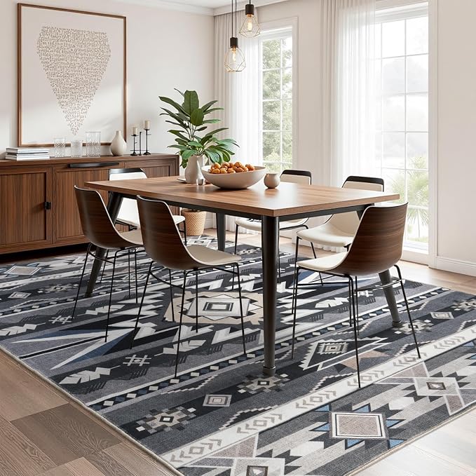 5x7 Western Rustic Aztec Area Rug for Living Room Bedroom Dining Room | Southwestern Tribal Grey Low Pile Faux Wool Rug, Machine Washable Non-Slip Carpet for Living Room Dining Bedroom