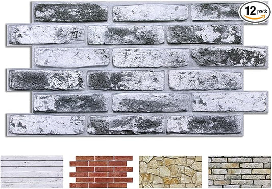 COMSTICKC 3D Gray Faux Brick Wall Panel, Peel and Stick Wall Covering, 12 Pcs of 22.8" x 11.8", Not Real Brick, UrltraLight PVC Self Adhesive Brick Decorative Tile,Paintable,Covers 22.48 sq.ft