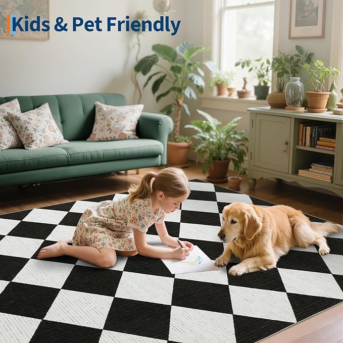 GarveeHome Black and White Area Rugs 8x10 Living Room Checkered Washable | Large Rug Soft Non Slip Backing Floor Mat Carpet Indoor Thin Rug for Bedroom Dining Room Playroom Nursery Home Decor