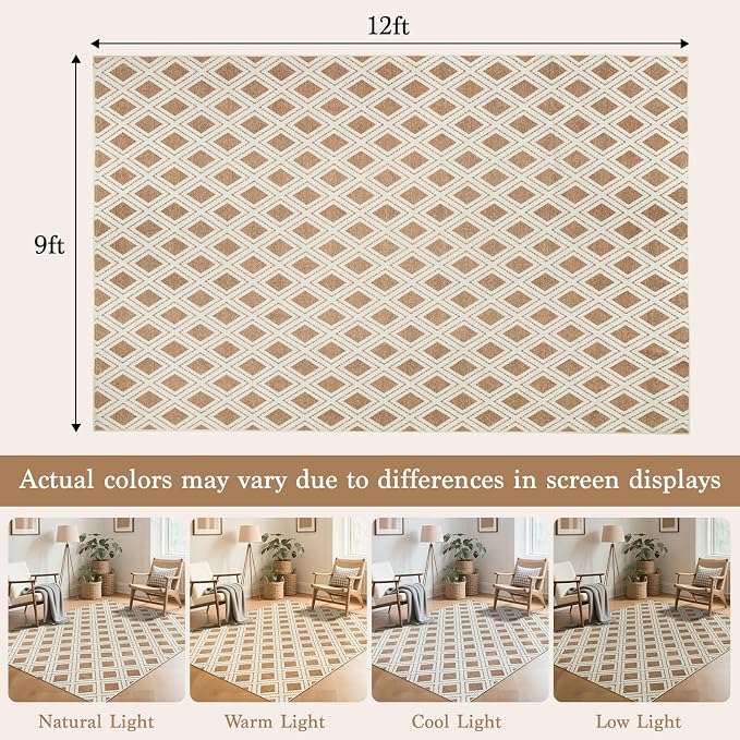 LBRO2M Machine Washable Rug Soft Pet Friendly Carpet 9X12 Cream | Checkered Rug 9X12 for Living Room, Bedroom, Dining Room, Home Office, Non Slip Carpet, Foldable Stain Resistant Rugs